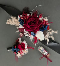 Load image into Gallery viewer, School formal / wedding corsage &amp; buttonhole burgundy, black &amp; navy blue
