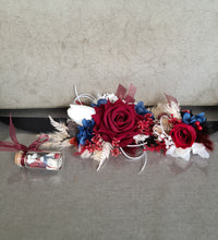 Load image into Gallery viewer, School formal / wedding corsage &amp; buttonhole burgundy, black &amp; navy blue
