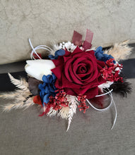 Load image into Gallery viewer, School formal / wedding corsage &amp; buttonhole burgundy, black &amp; navy blue
