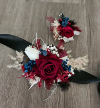 Load image into Gallery viewer, School formal / wedding corsage &amp; buttonhole burgundy, black &amp; navy blue
