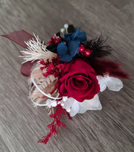 Load image into Gallery viewer, School formal / wedding corsage &amp; buttonhole burgundy, black &amp; navy blue
