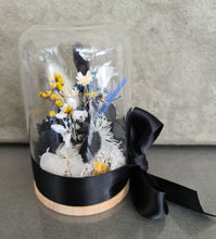 Load image into Gallery viewer, Preserved everlasting flowers mini glass dome – Black, yellow, blue &amp; white
