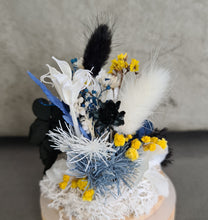 Load image into Gallery viewer, Preserved everlasting flowers mini glass dome – Black, yellow, blue &amp; white
