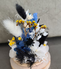Load image into Gallery viewer, Preserved everlasting flowers mini glass dome – Black, yellow, blue &amp; white
