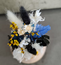 Load image into Gallery viewer, Preserved everlasting flowers mini glass dome – Black, yellow, blue &amp; white
