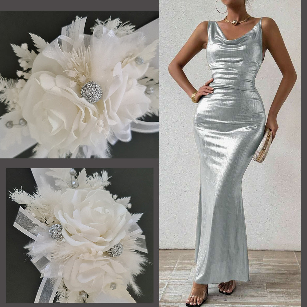 Everlasting flowers white corsage w silver beads - School formal / Wedding