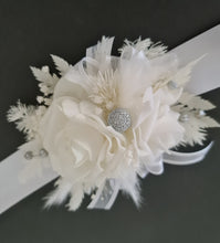 Load image into Gallery viewer, Everlasting flowers white corsage w silver beads - School formal / Wedding
