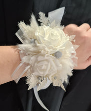 Load image into Gallery viewer, Everlasting flowers white corsage w silver beads - School formal / Wedding
