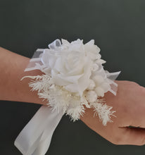 Load image into Gallery viewer, Everlasting flowers white corsage w glitter pearls - School formal / Wedding
