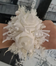 Load image into Gallery viewer, Everlasting flowers white corsage w glitter pearls - School formal / Wedding
