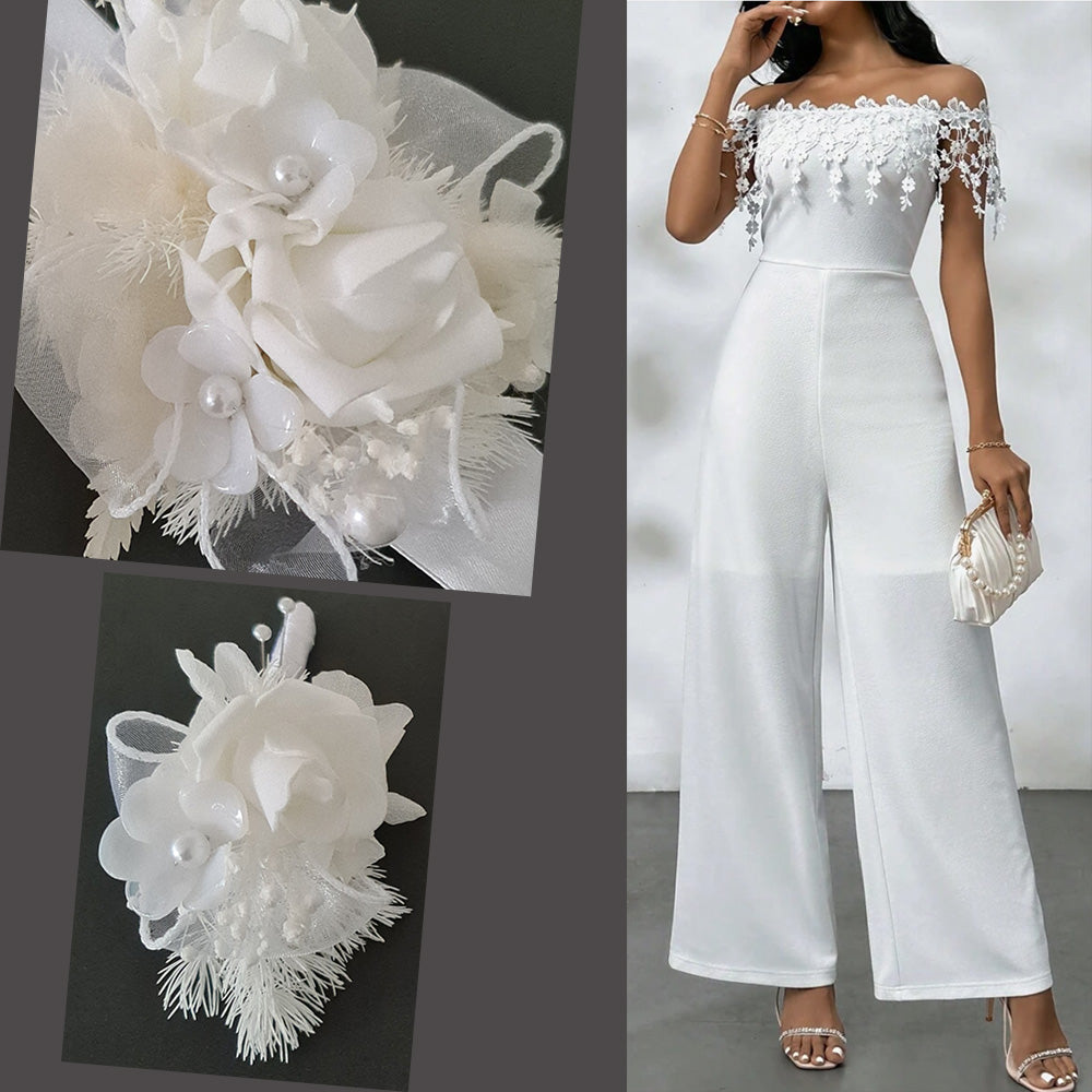 Everlasting flowers white corsage & buttonhole w pearl flowers - School formal / Wedding