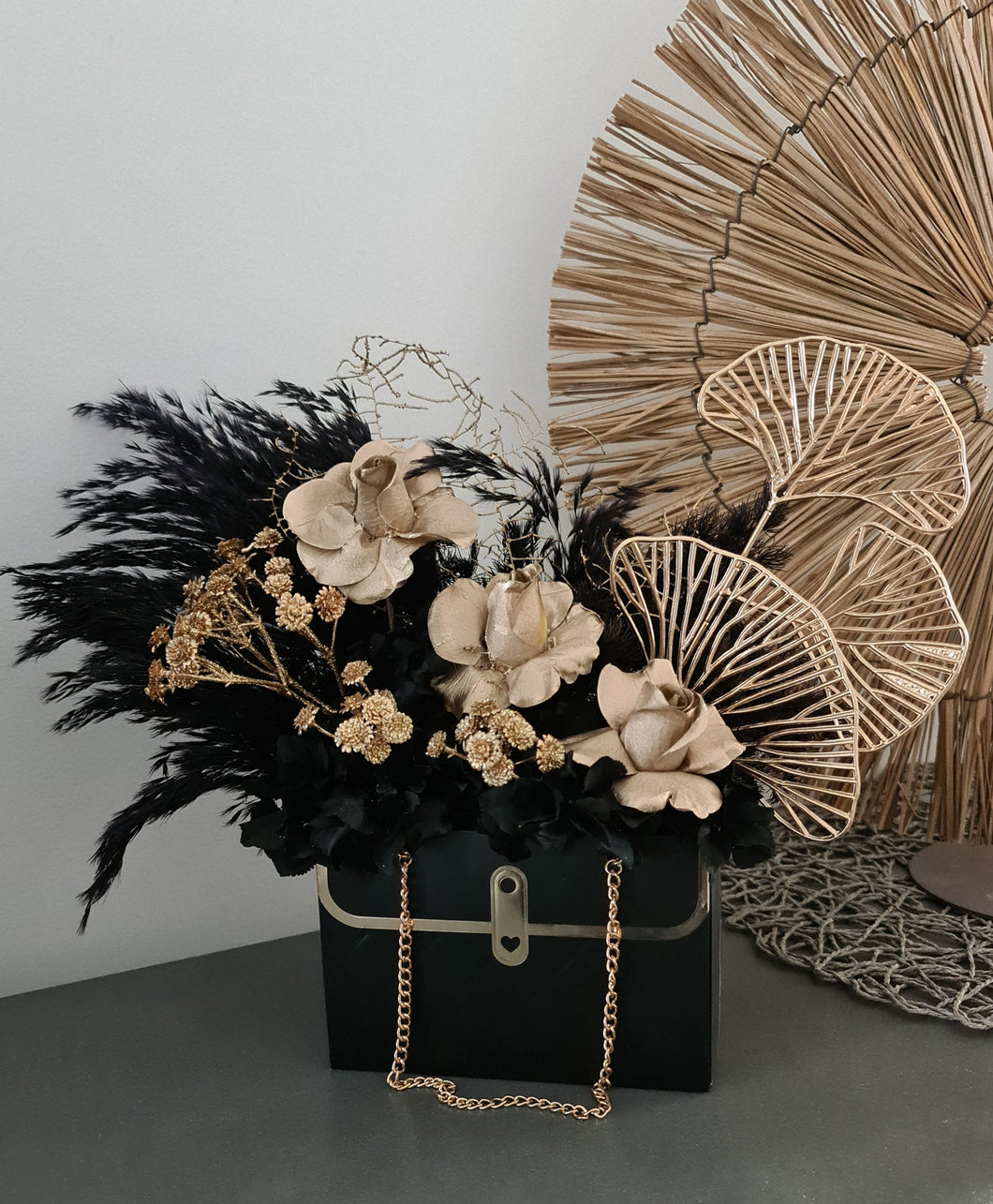 Sophisticated black & gold everlasting flowers in bag