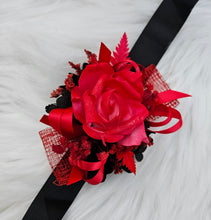 Load image into Gallery viewer, Everlasting flowers black &amp; bright red corsage - School formal / Wedding
