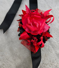 Load image into Gallery viewer, Everlasting flowers black &amp; bright red corsage - School formal / Wedding
