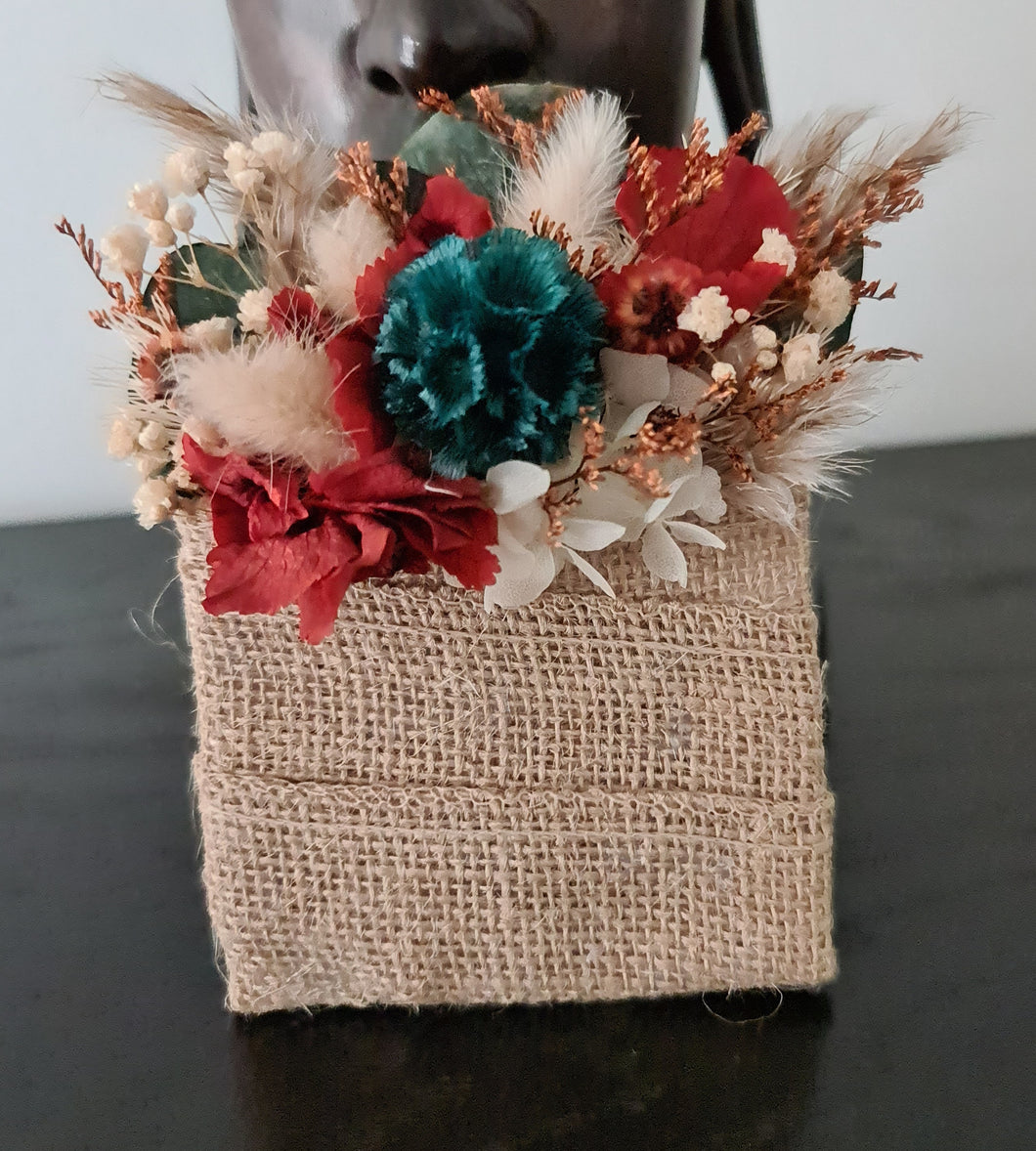 Preserved rustic style orange & green pocket flowers w hessian