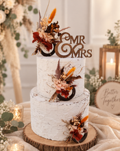 Load image into Gallery viewer, Preserved flowers - triple cake toppers / rings - rustic orange incl Mr &amp; Mrs sign
