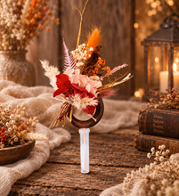 Load image into Gallery viewer, Preserved flowers - triple cake toppers / rings - rustic orange incl Mr &amp; Mrs sign
