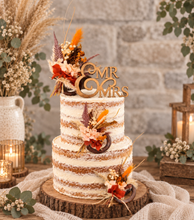 Load image into Gallery viewer, Preserved flowers - triple cake toppers / rings - rustic orange incl Mr &amp; Mrs sign
