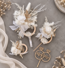 Load image into Gallery viewer, Preserved flowers - triple cake toppers / rings - White &amp; gold w roses incl Mr &amp; Mrs sign
