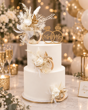 Load image into Gallery viewer, Preserved flowers - triple cake toppers / rings - White &amp; gold w roses incl Mr &amp; Mrs sign
