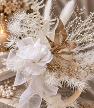 Load image into Gallery viewer, Preserved flowers - triple cake toppers / rings - White &amp; gold w roses incl Mr &amp; Mrs sign
