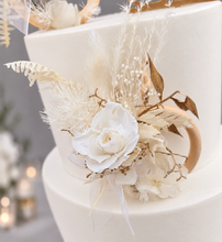 Load image into Gallery viewer, Preserved flowers - triple cake toppers / rings - White &amp; gold w roses incl Mr &amp; Mrs sign
