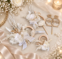 Load image into Gallery viewer, Preserved flowers - triple cake toppers / rings - White &amp; gold w roses incl Mr &amp; Mrs sign
