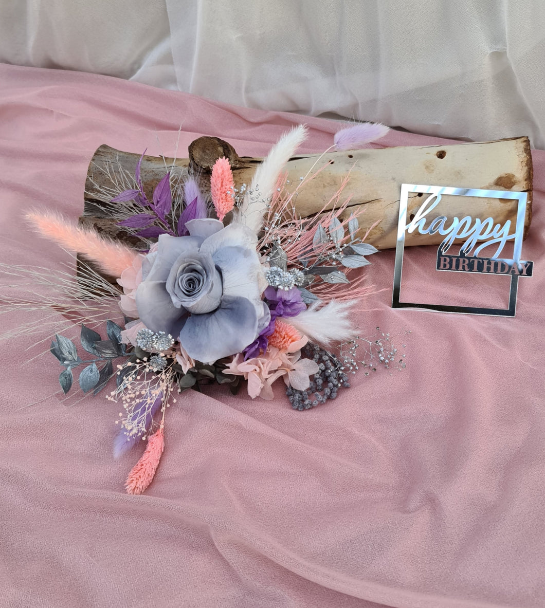 Happy Birthday Preserved flowers cake topper in grey, pink & purple