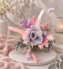 Load image into Gallery viewer, Happy Birthday Preserved flowers cake topper in grey, pink &amp; purple
