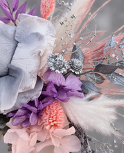 Load image into Gallery viewer, Happy Birthday Preserved flowers cake topper in grey, pink &amp; purple
