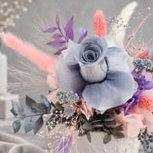 Load image into Gallery viewer, Happy Birthday Preserved flowers cake topper in grey, pink &amp; purple
