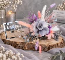 Load image into Gallery viewer, Happy Birthday Preserved flowers cake topper in grey, pink &amp; purple

