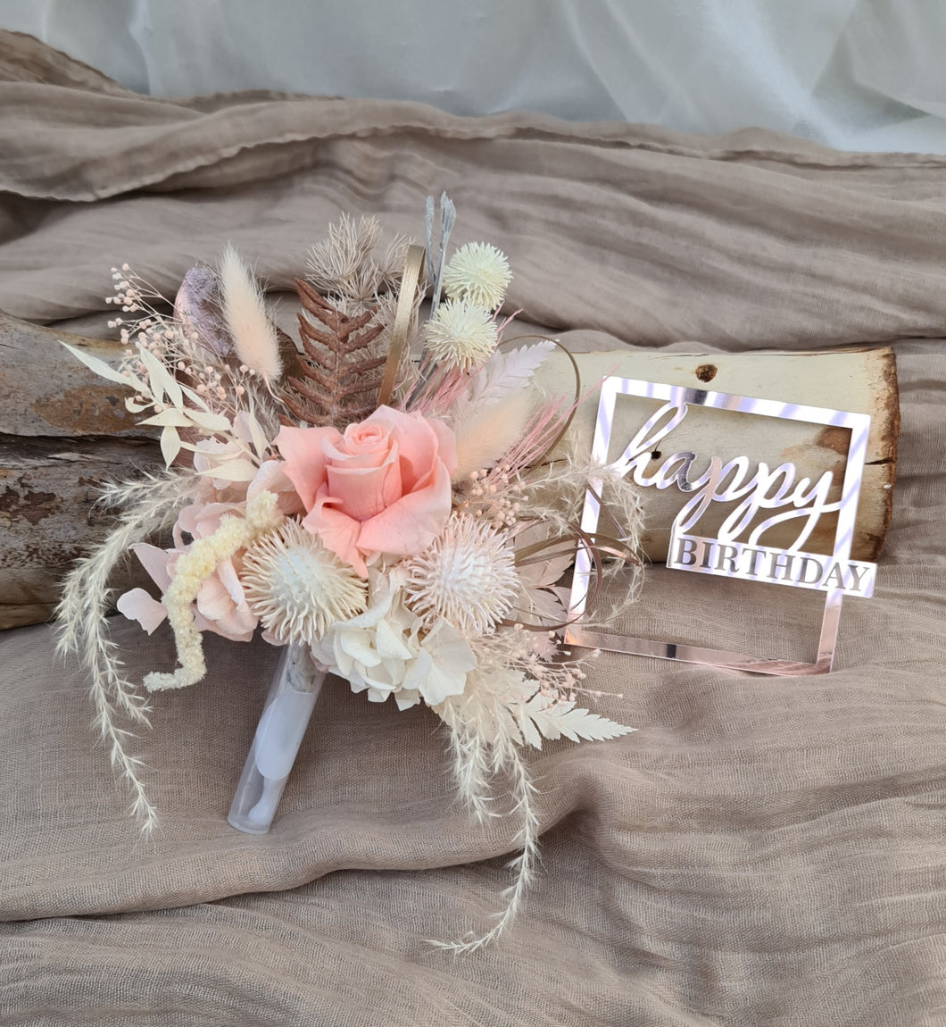 Happy Birthday Preserved flowers cake topper in peach and neutral