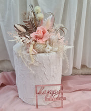Load image into Gallery viewer, Happy Birthday Preserved flowers cake topper in peach and neutral
