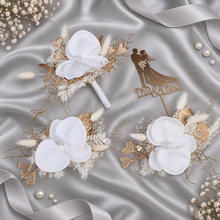 Load image into Gallery viewer, Everlasting flowers - white orchid triple cake toppers / white &amp; gold incl Mr &amp; Mrs sign
