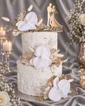 Load image into Gallery viewer, Everlasting flowers - white orchid triple cake toppers / white &amp; gold incl Mr &amp; Mrs sign

