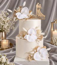 Load image into Gallery viewer, Everlasting flowers - white orchid triple cake toppers / white &amp; gold incl Mr &amp; Mrs sign
