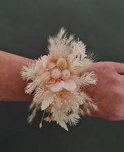 Load image into Gallery viewer, Preserved blush flowers bangle bracelet corsage &amp; buttonhole - School formal / wedding
