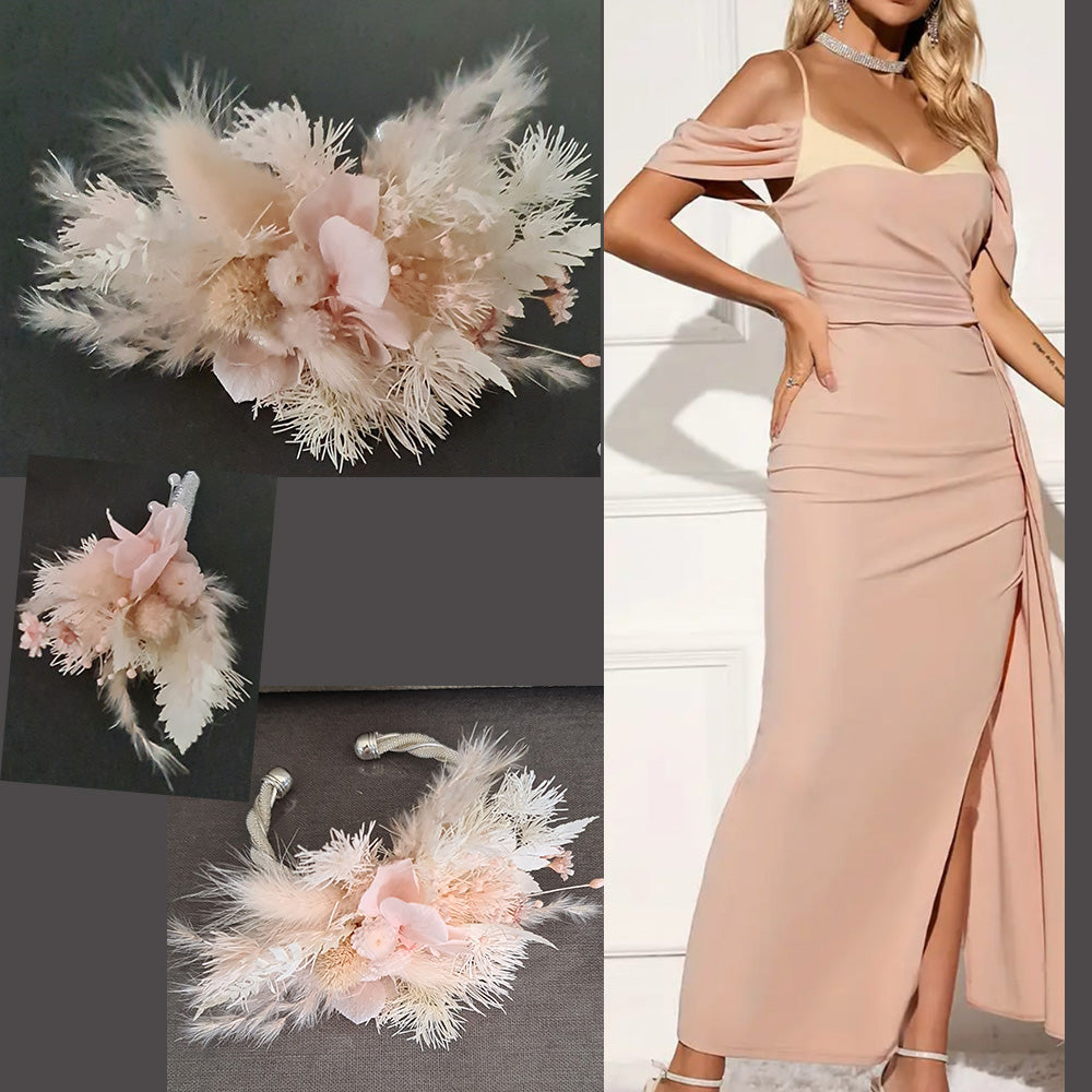 Preserved blush flowers bangle bracelet corsage & buttonhole - School formal / wedding