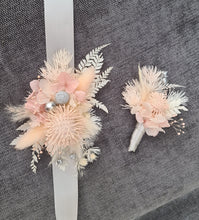 Load image into Gallery viewer, Preserved blush flowers corsage &amp; buttonhole with silver  - School formal / wedding
