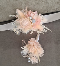 Load image into Gallery viewer, Preserved blush flowers corsage &amp; buttonhole with silver  - School formal / wedding
