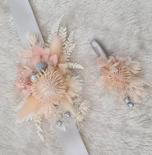 Load image into Gallery viewer, Preserved blush flowers corsage &amp; buttonhole with silver  - School formal / wedding

