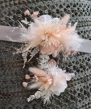 Load image into Gallery viewer, Blush &amp; silver preserved flowers corsage &amp; buttonhole - School formal / wedding
