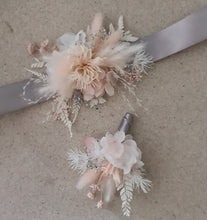 Load image into Gallery viewer, Blush &amp; silver preserved flowers corsage &amp; buttonhole - School formal / wedding
