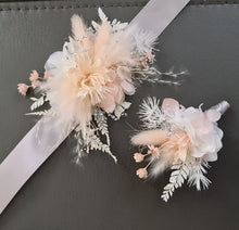 Load image into Gallery viewer, Blush &amp; silver preserved flowers corsage &amp; buttonhole - School formal / wedding
