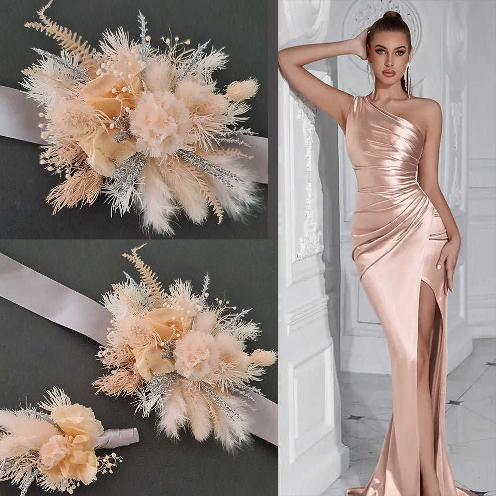 Blush peach & silver preserved corsage & buttonhole - School formal / wedding