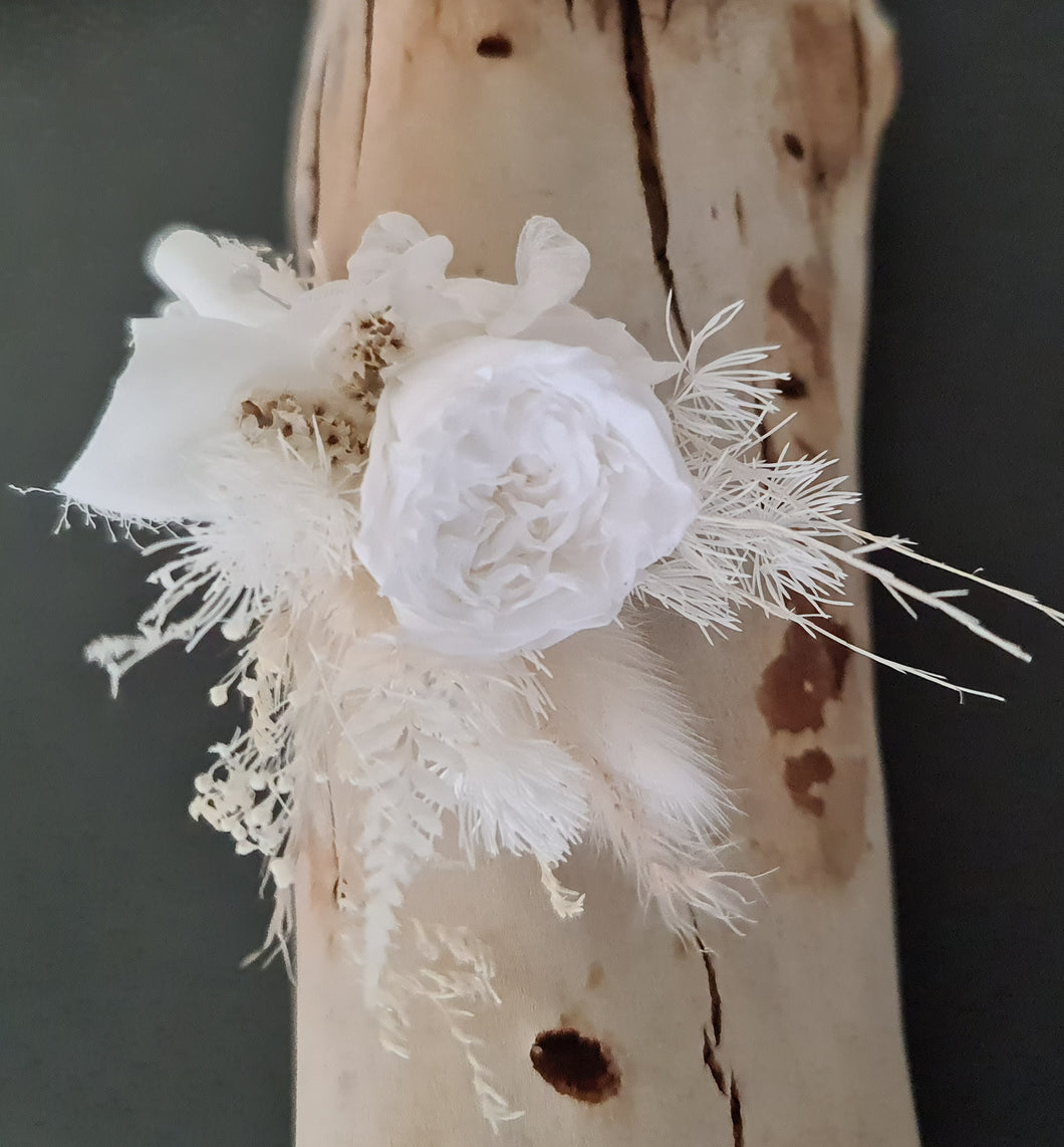 Groom's Boho mini preserved peony buttonhole - nude & white - wedding