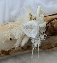 Load image into Gallery viewer, Groom&#39;s Boho mini preserved peony buttonhole - nude &amp; white - wedding
