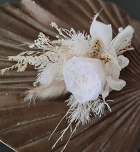 Load image into Gallery viewer, Groom&#39;s Boho mini preserved peony buttonhole - nude &amp; white - wedding
