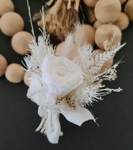 Load image into Gallery viewer, Groom&#39;s Boho mini preserved peony buttonhole - nude &amp; white - wedding
